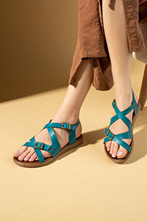 Pembe Potin Çapraz Bantlı Çift Tokalı Kadın Sandalet 51-847-25