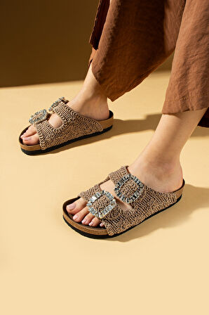 Pembe Potin Çift Toka Taş Detaylı Dantel Kumaş Comfort Kadın Terlik 51-0108-24Hasır