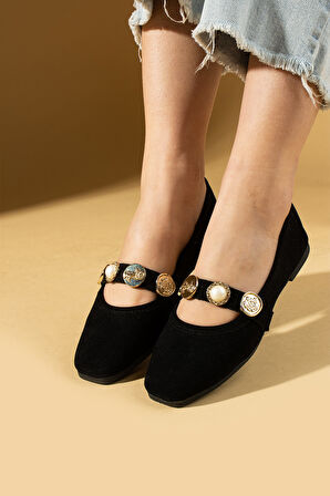 Pembe Potin İnci Detaylı Tek Bantlı Rahat Taban Kadın Babet 81-160-25Süet