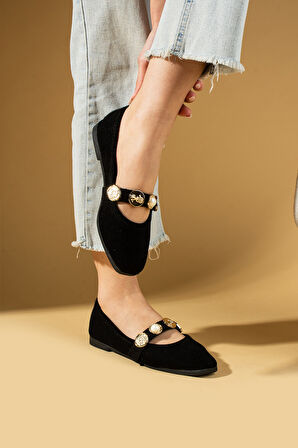 Pembe Potin İnci Detaylı Tek Bantlı Rahat Taban Kadın Babet 81-160-25Süet