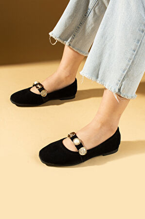 Pembe Potin İnci Detaylı Tek Bantlı Rahat Taban Kadın Babet 81-160-25Süet