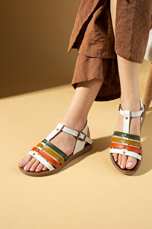 Pembe Potin İnce Bantlı Zımba Detaylı Tokalı Kadın Sandalet 51-201-25Garni