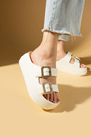 Pembe Potin Kalın Eva Taban Çift Ayarlanabilir Gold Tokalı Kadın Terlik 011-03-25