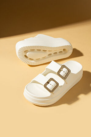 Pembe Potin Kalın Eva Taban Çift Ayarlanabilir Gold Tokalı Kadın Terlik 011-03-25