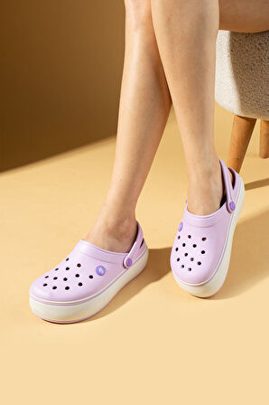 Pembe Potin Beyaz Şeritli Yüksek Taban Comfort Eva Kadın Sandalet 011-812-25