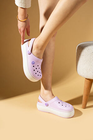 Pembe Potin Beyaz Şeritli Yüksek Taban Comfort Eva Kadın Sandalet 011-812-25