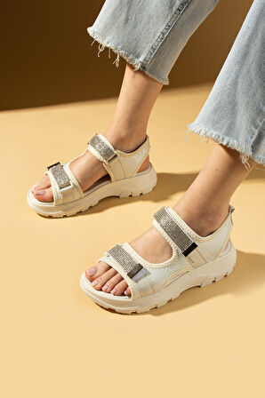 Pembe Potin Çift Cırtlı Rahat Taban Taş Detaylı Kadın Sandalet 59-15-25