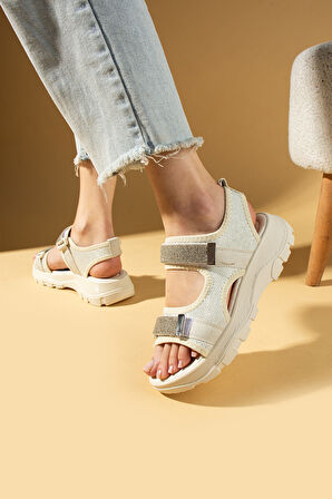 Pembe Potin Çift Cırtlı Rahat Taban Taş Detaylı Kadın Sandalet 59-15-25