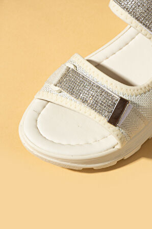 Pembe Potin Çift Cırtlı Rahat Taban Taş Detaylı Kadın Sandalet 59-15-25