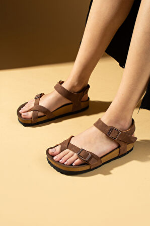 Pembe Potin Parmak Arası Çift Tokalı Rahat Taban Kadın Sandalet 011-700-25Nubuk