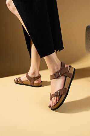 Pembe Potin Parmak Arası Çift Tokalı Rahat Taban Kadın Sandalet 011-700-25Nubuk