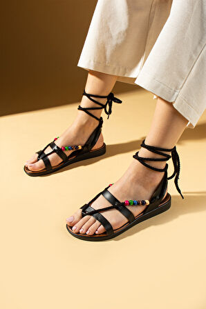 Pembe Potin Parmak Arası Boncuk Detaylı Biketen Bağlamalı Kadın Sandalet 51-400-25