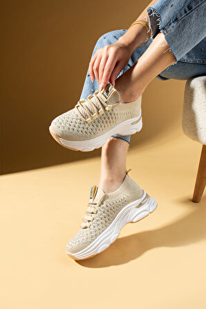 Pembe Potin Parlak Taş Detaylı Bağcıklı Triko Rahat Taban Kadın Sneakers 36-872-25