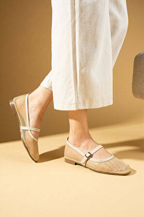 Pembe Potin Küt Burunlu Fileli Toka Detaylı Rahat Taban Kadın Babet 008-008-25File