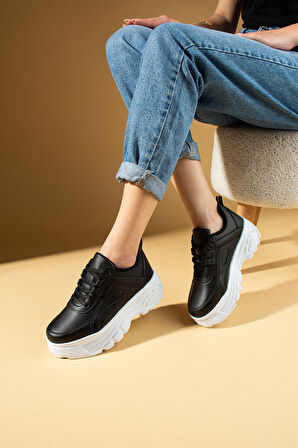 Pembe Potin Yüksek Taban Bağcıklı Kadın Sneaker 54-0142-24Byaz