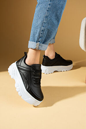 Pembe Potin Yüksek Taban Bağcıklı Kadın Sneaker 54-0142-24Byaz