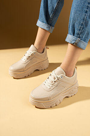 Pembe Potin Yüksek Taban Bağcıklı Kadın Sneaker 54-0142-24