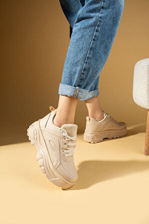 Pembe Potin Yüksek Taban Bağcıklı Kadın Sneaker 54-0142-24