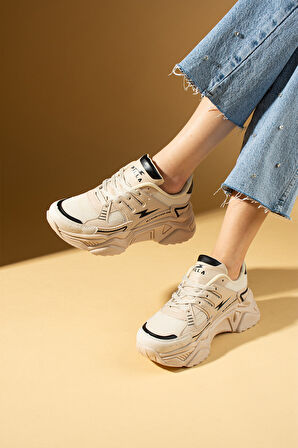 Pembe Potin Kalın Taban Bağcıklı Fileli Kadın Sneakers 89-040-25