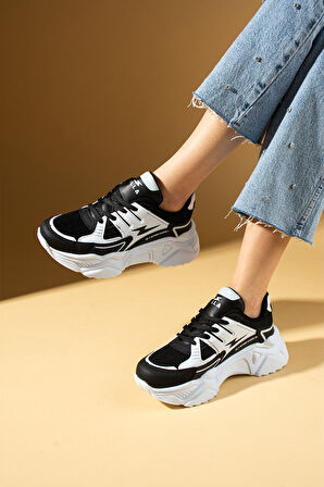 Pembe Potin Kalın Taban Bağcıklı Fileli Kadın Sneakers 89-040-25Byaz