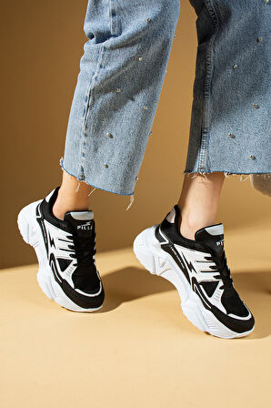 Pembe Potin Kalın Taban Bağcıklı Fileli Kadın Sneakers 89-040-25Byaz