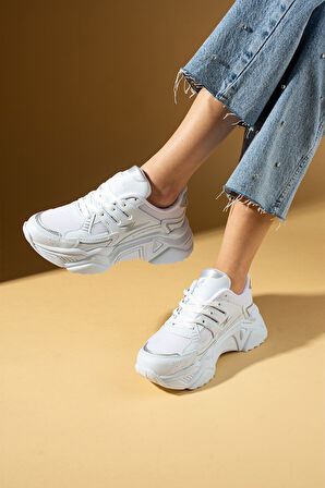 Pembe Potin Kalın Taban Bağcıklı Fileli Kadın Sneakers 89-040-25