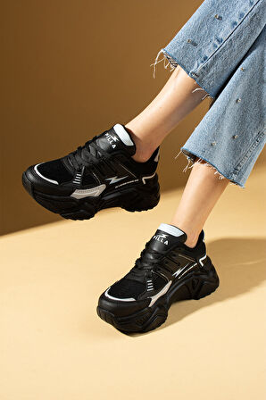 Pembe Potin Kalın Taban Bağcıklı Fileli Kadın Sneakers 89-040-25