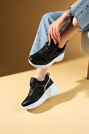 Pembe Potin Kalın Taban Bağcıklı Fileli Taş Detaylı Kadın Sneakers 89-044-25Byaz