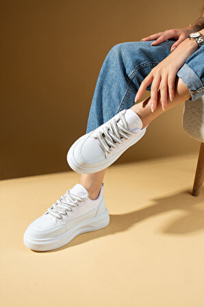 Pembe Potin Kalın Taban Renkli Bağcıklı Hafif Taban Kadın Sneakers 89-049-25