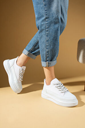 Pembe Potin Kalın Taban Renkli Bağcıklı Hafif Taban Kadın Sneakers 89-049-25