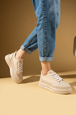 Pembe Potin Kalın Taban Renkli Bağcıklı Hafif Taban Kadın Sneakers 89-049-25