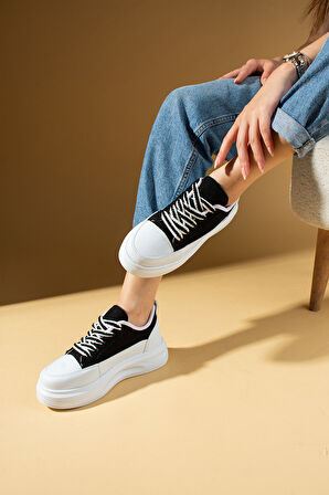 Pembe Potin Kalın Taban Renkli Bağcıklı Hafif Taban Kadın Sneakers 89-049-25Byaz