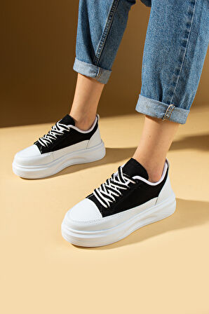 Pembe Potin Kalın Taban Renkli Bağcıklı Hafif Taban Kadın Sneakers 89-049-25Byaz