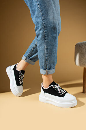 Pembe Potin Kalın Taban Renkli Bağcıklı Hafif Taban Kadın Sneakers 89-049-25Byaz