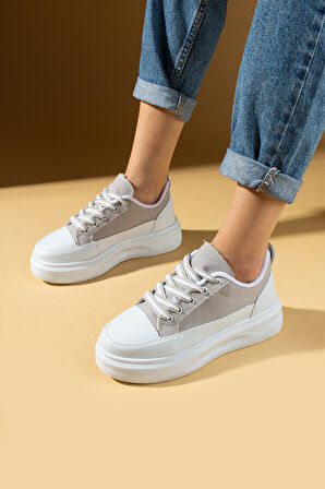 Pembe Potin Kalın Taban Renkli Bağcıklı Hafif Taban Kadın Sneakers 89-049-25Byaz