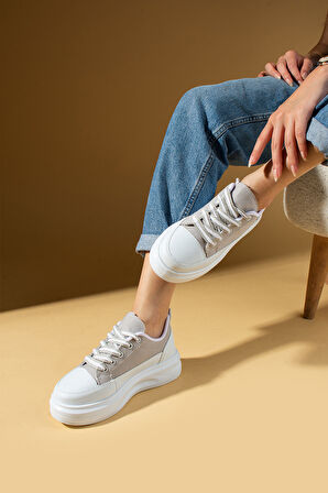 Pembe Potin Kalın Taban Renkli Bağcıklı Hafif Taban Kadın Sneakers 89-049-25Byaz