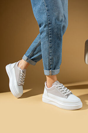 Pembe Potin Kalın Taban Renkli Bağcıklı Hafif Taban Kadın Sneakers 89-049-25Byaz