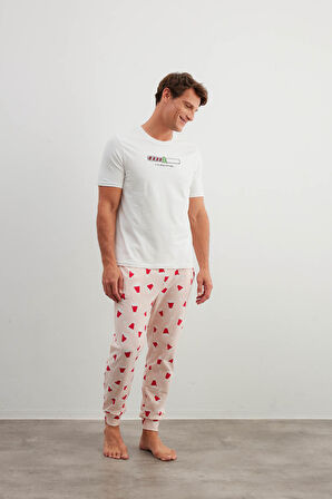 Erkek Pamuklu Kısa Kollu Uzun Pijama Takımı