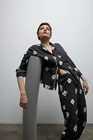 Kadın Pamuklu Cep Detaylı Gömlek Yaka Pijama Üstü