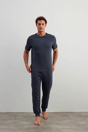 Erkek Pamuklu Kısa Kollu Uzun Pijama Takımı