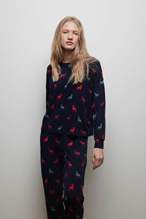 Kadın Pamuklu Belden Bağlamalı Uzun Kollu Pijama Üstü