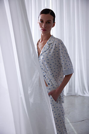 Kadın Pamuklu Gömlek Yaka Pantolon Pijama Takımı
