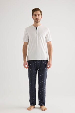 Erkek Pamuklu Kısa Kollu Uzun Pijama Takımı