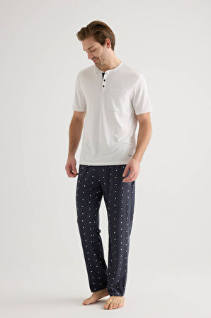 Erkek Pamuklu Kısa Kollu Uzun Pijama Takımı