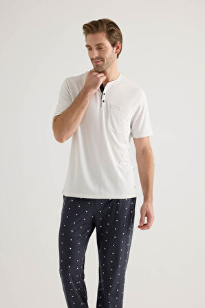 Erkek Pamuklu Kısa Kollu Uzun Pijama Takımı