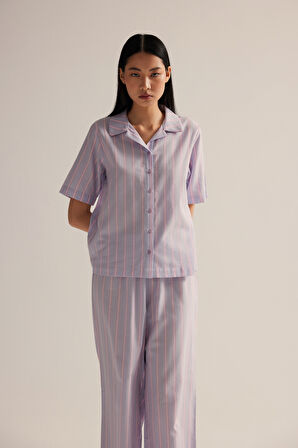 Kadın Dokuma Kısa Kollu Gömlek Pijama Üstü