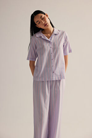 Kadın Dokuma Kısa Kollu Gömlek Pijama Üstü