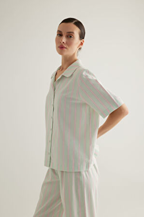 Kadın Dokuma Kısa Kollu Gömlek Pijama Üstü