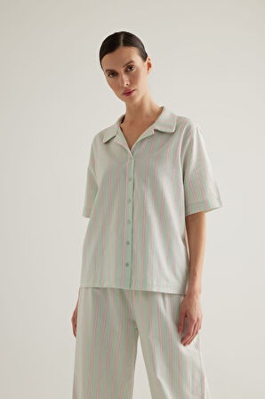 Kadın Dokuma Kısa Kollu Gömlek Pijama Üstü