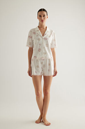 Kadın Pamuklu Kısa Kollu Gömlek Şortlu Pijama Takımı